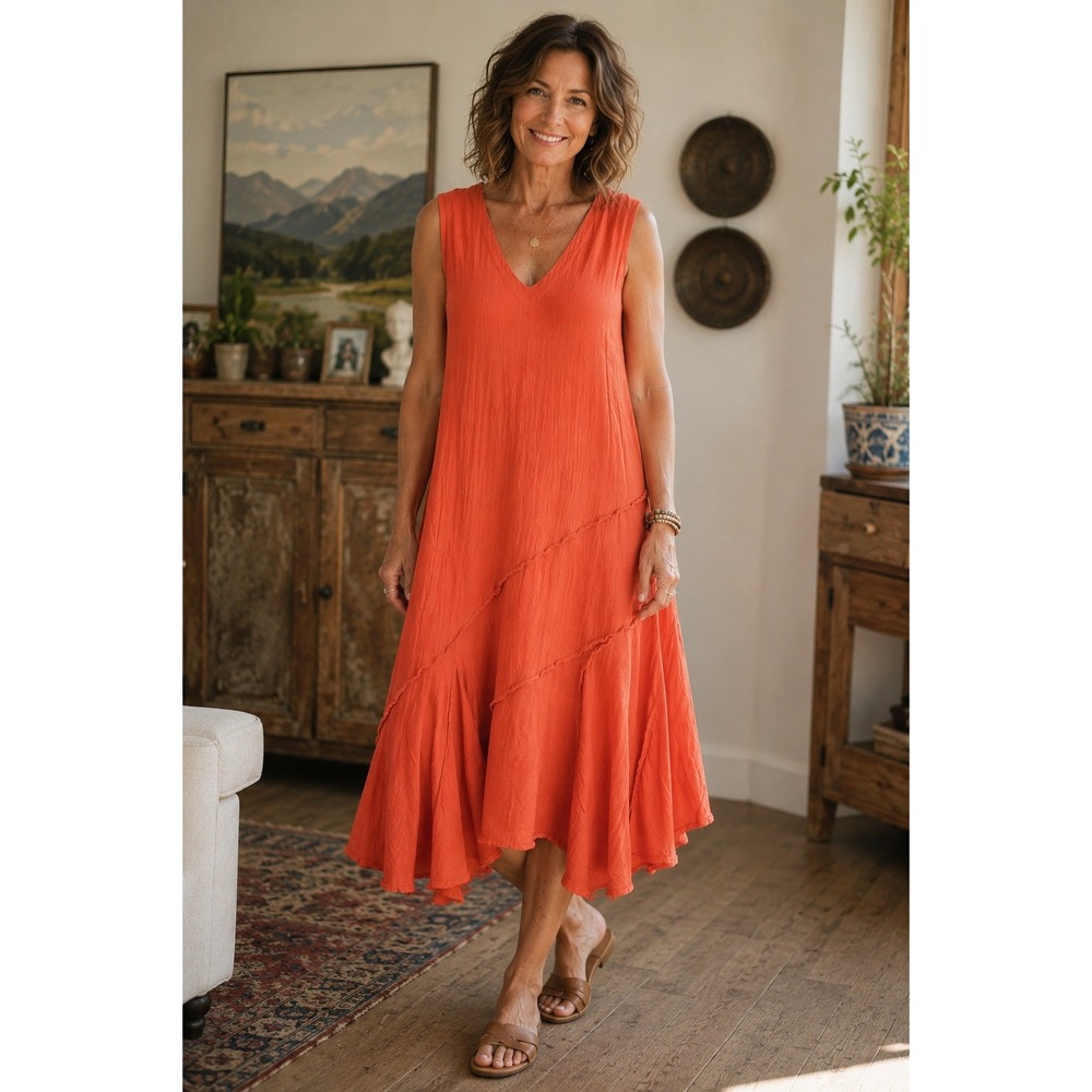 Oh My Gauze Orange Crinkle Gauze Dress 1 S/M Sleeveless 100% Cotton Lagenlook